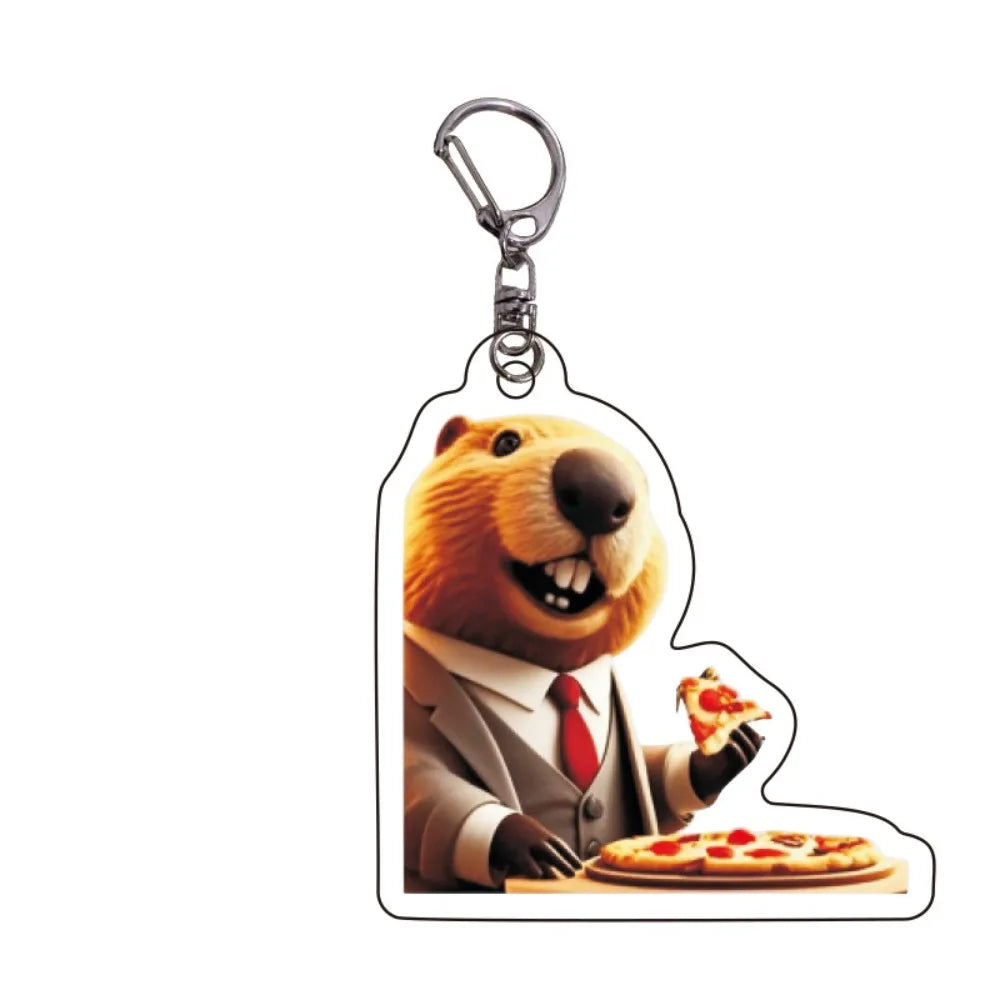 Acrylic keychain featuring a cartoon bear with a pizza on its face.