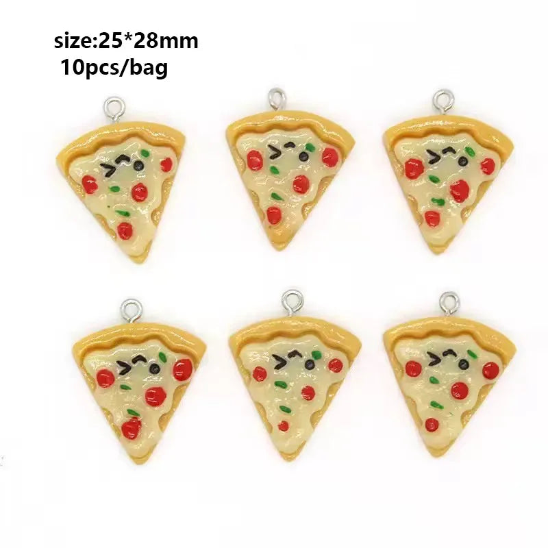 Ten small, yellow and red pizza-shaped charms for DIY jewelry making