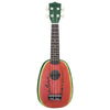 A green ukulele with a red and green body featuring a natural wood finish and tuning pegs.