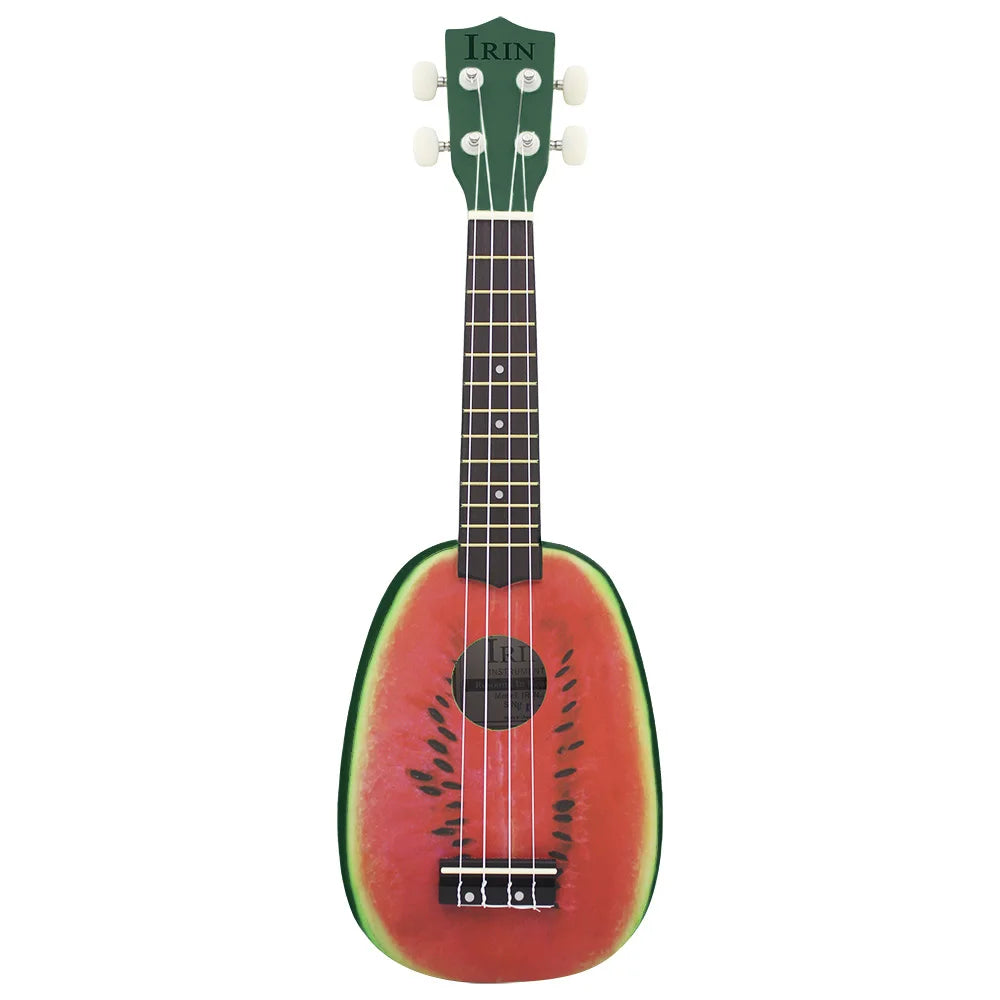 A green ukulele with a red and green body featuring a natural wood finish and tuning pegs.