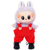 A plush doll resembling a rabbit wearing gray overalls and red pants.