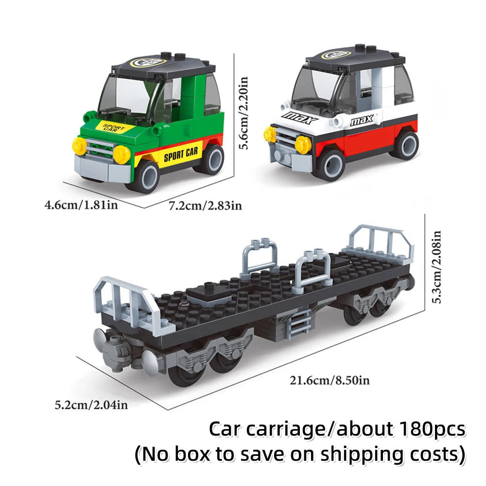 A black and green vintage steam passenger train building blocks set featuring a car carriage and various components.