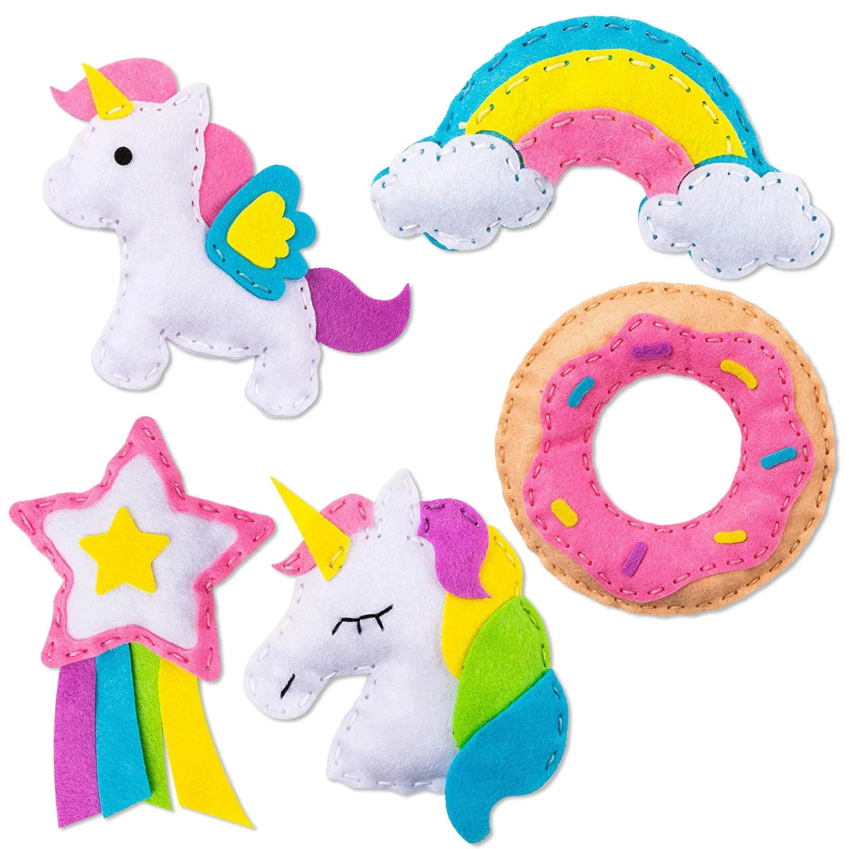 A set of felt crafts including a unicorn, a rainbow cloud, and a donut shape.