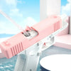 A pink high-pressure water blaster is shown spraying water in a blue pool under a bright sky.