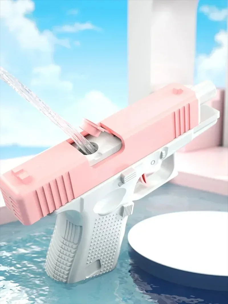 A pink high-pressure water blaster is shown spraying water in a blue pool under a bright sky.