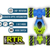 A blue remote control stunt car featuring 360 rotation, acousto-optic integration, and a mode switch.