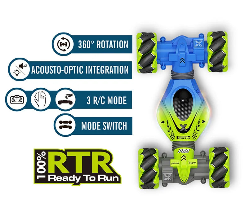 A blue remote control stunt car featuring 360 rotation, acousto-optic integration, and a mode switch.