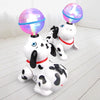A white and black Dalmatian toy with a glowing, iridescent dome head is shown on a light wooden floor.