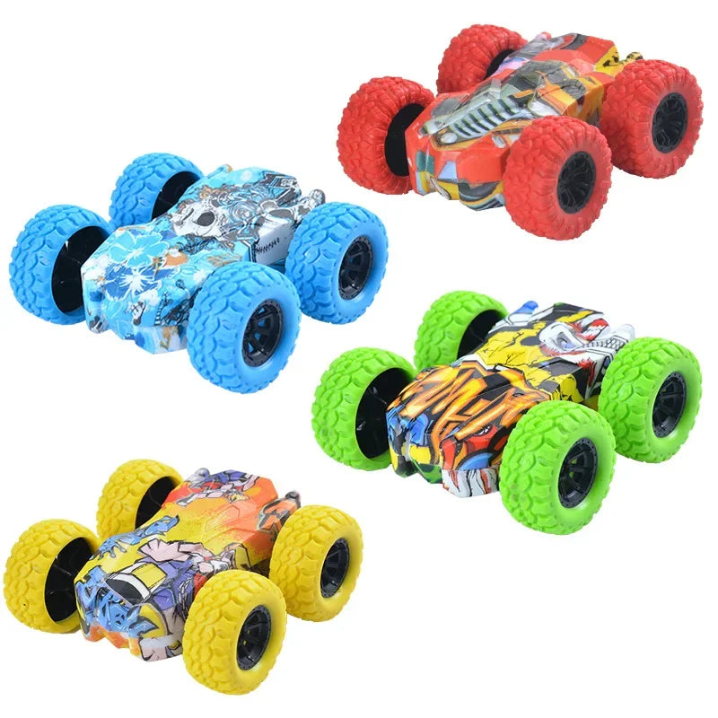 A collection of pull-back inertia car toys featuring various colors and flip-over action designs.
