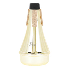 A lightweight trumpet practice mute with aluminum alloy construction featuring a gold-toned body and a black cap.