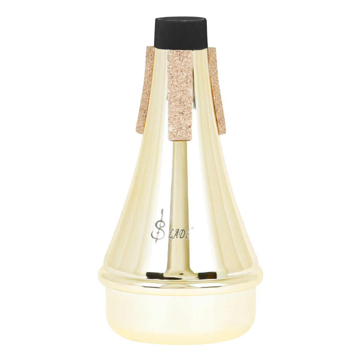 A lightweight trumpet practice mute with aluminum alloy construction featuring a gold-toned body and a black cap.