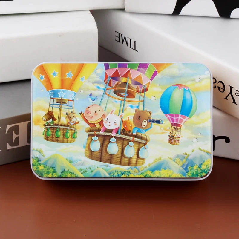 A colorful jigsaw puzzle featuring wooden animals and vehicles, including a bear, a pig, and a hot air balloon.