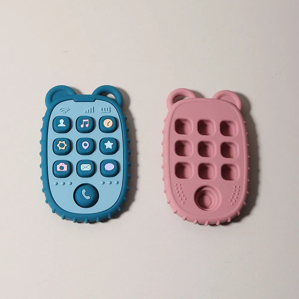 A pair of phone-shaped silicone teethers, one blue and one pink, designed for babies.