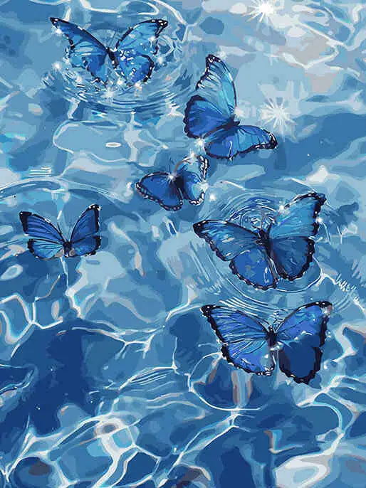 Blue butterfly paint by numbers kit on canvas floating in water