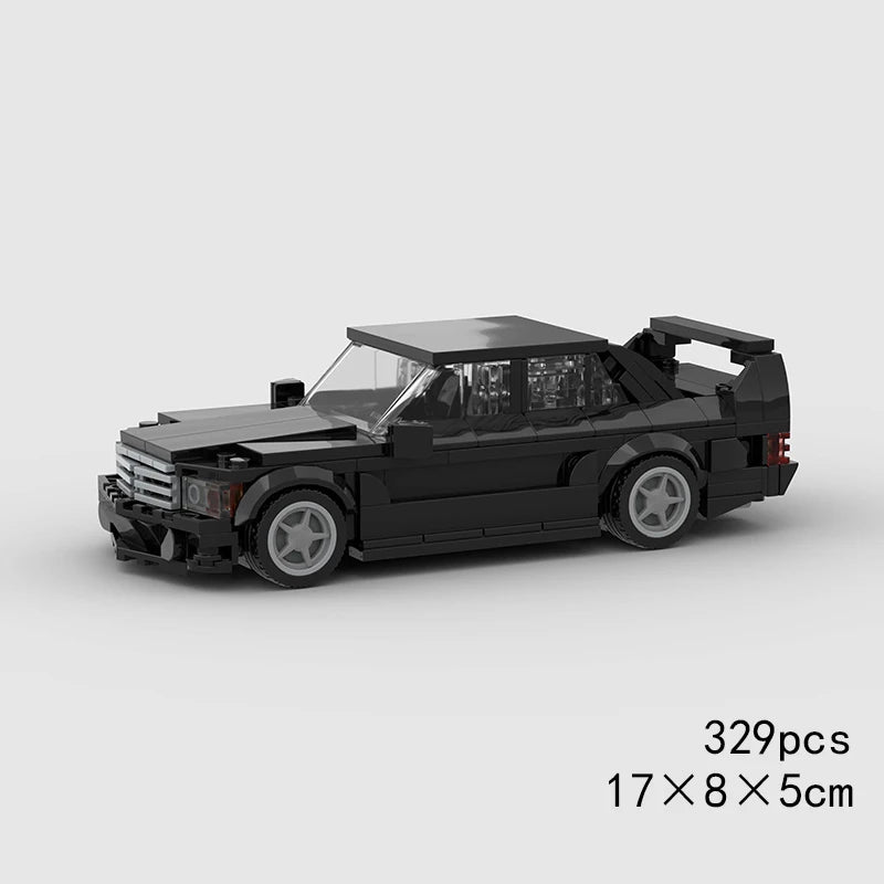 A black classic rally car building block set shown from the side.