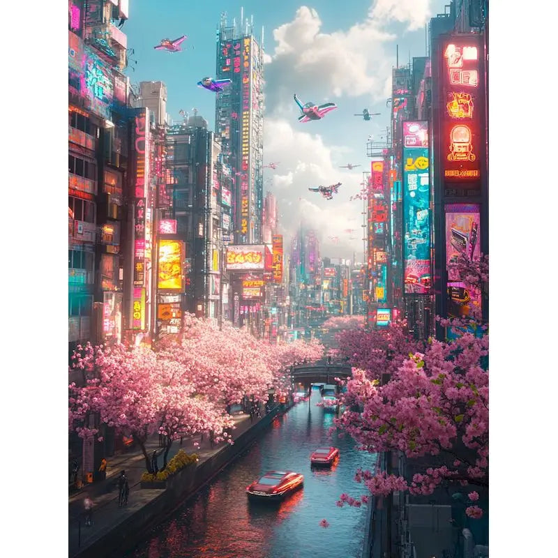 A vibrant cityscape featuring tall buildings, pink cherry blossoms, and a reflective canal.