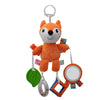 An orange fox plush toy with a silver ring, hanging from a chain, and attached to various rattle toys.