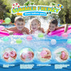 A family playing with colorful water balloons in a pool, demonstrating how to open and squeeze the silicone balloons.