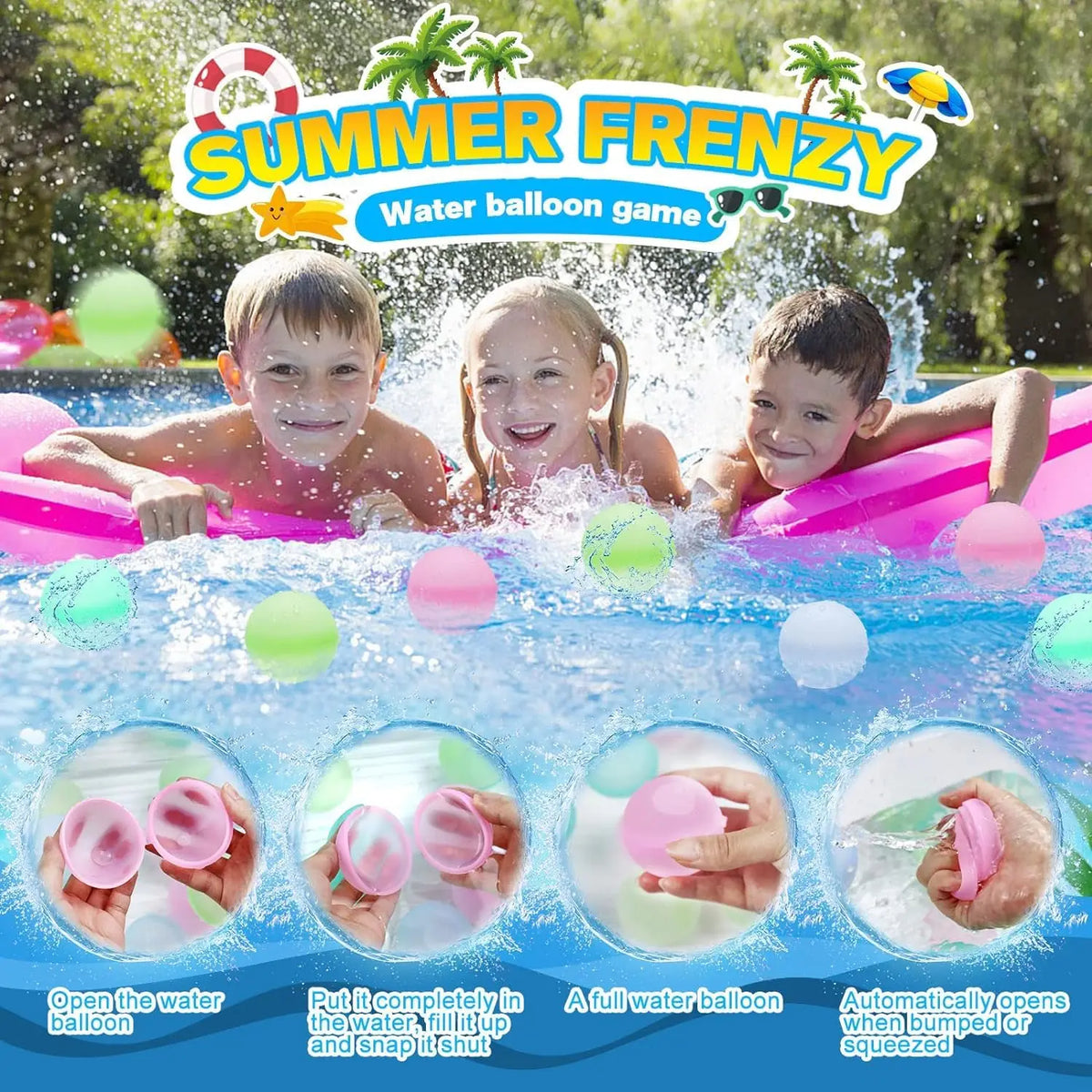 A family playing with colorful water balloons in a pool, demonstrating how to open and squeeze the silicone balloons.