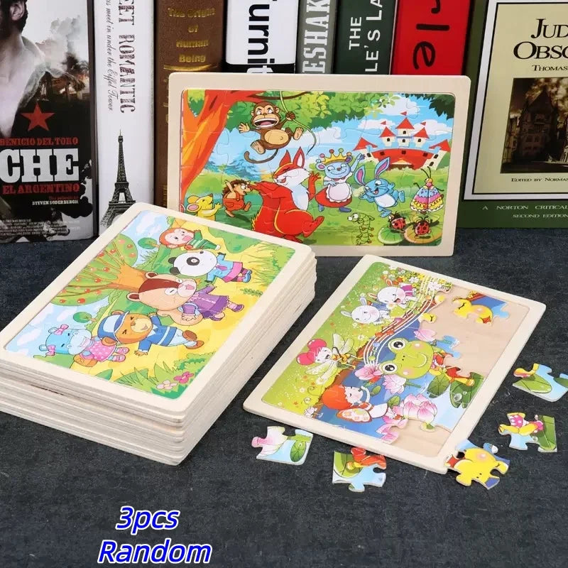 A set of three random wooden animal jigsaw puzzles for toddlers featuring colorful woodland animals.