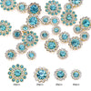 A collection of crystal glass sunflower claw rhinestones in various shades of blue and clear, packaged for sewing.