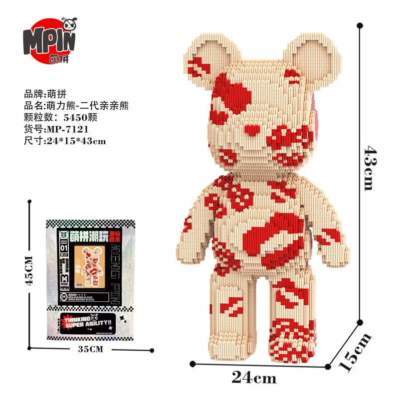 A fully assembled bear figure made of small wooden building blocks with a red and white floral pattern.