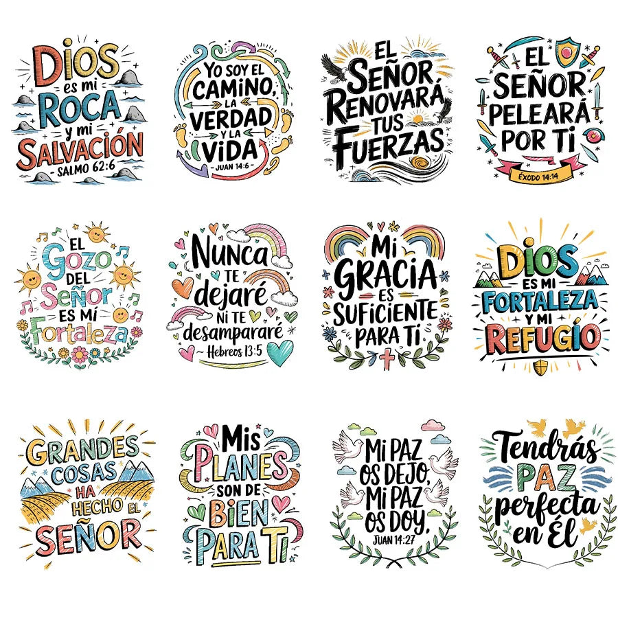 A collection of Spanish Bible verse rub-on transfer stickers for crafts featuring verses like Dios es mi Roca and El Señor Re