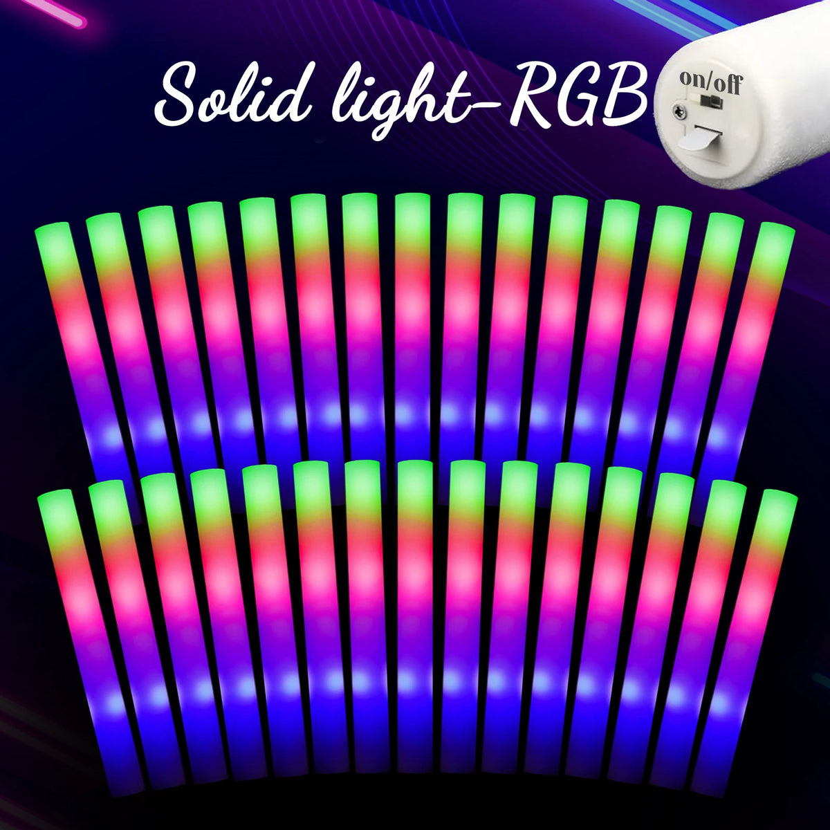 A bundle of LED foam glow sticks with various colored lights arranged in a fan shape.