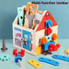 A wooden multi-function toolbox shaped like a house, featuring various tools and puzzle pieces for play.