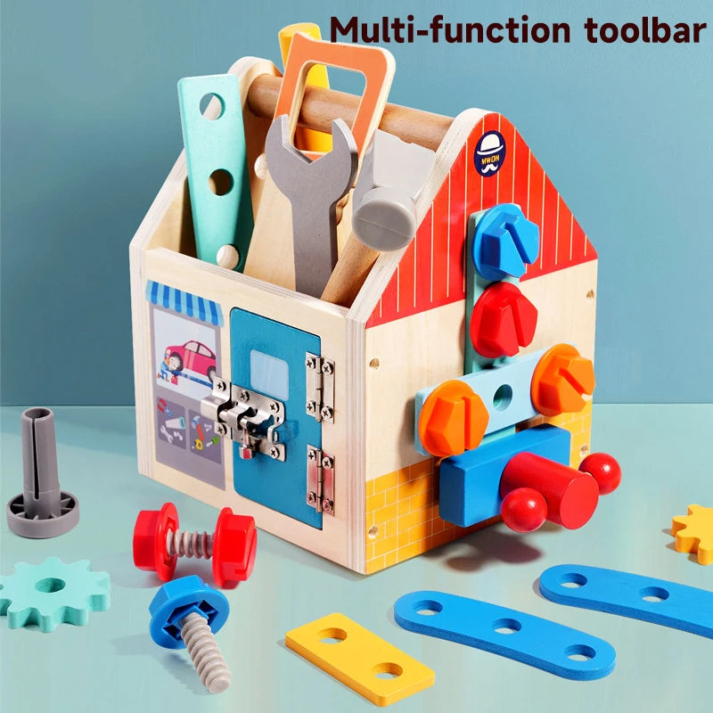 A wooden multi-function toolbox shaped like a house, featuring various tools and puzzle pieces for play.