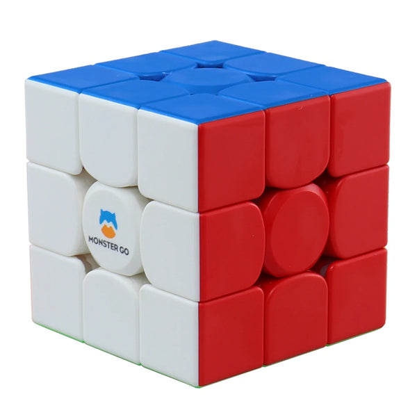 A red and white magnetic speed cube puzzle with a blue top face.