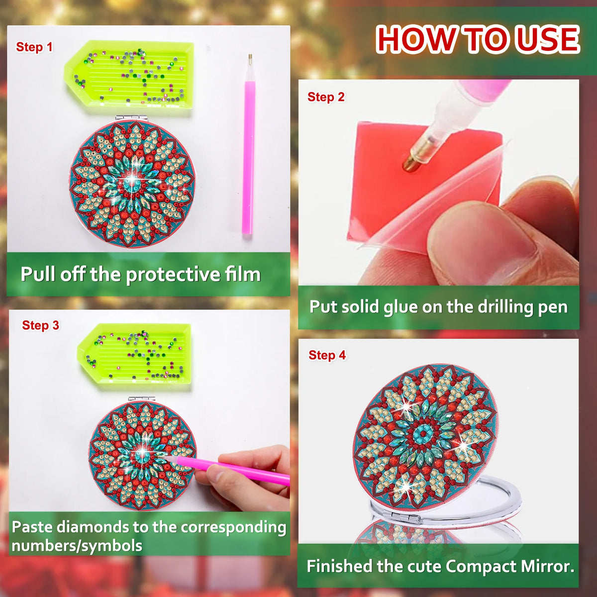 Step-by-step instructions showing how to use a DIY diamond art folding mirror with a leather cover.