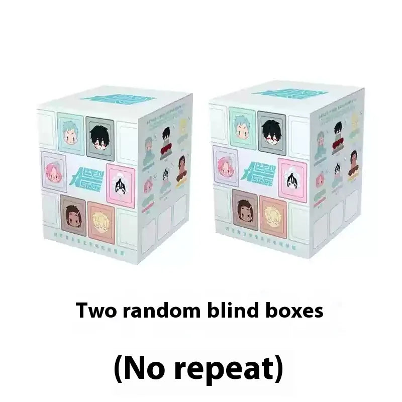 Two random blind boxes of Alien Stage Baby Series collectible keycaps in light blue and white packaging.