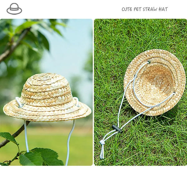 Adjustable Woven Straw Pet Hat for Small Dogs and Cats