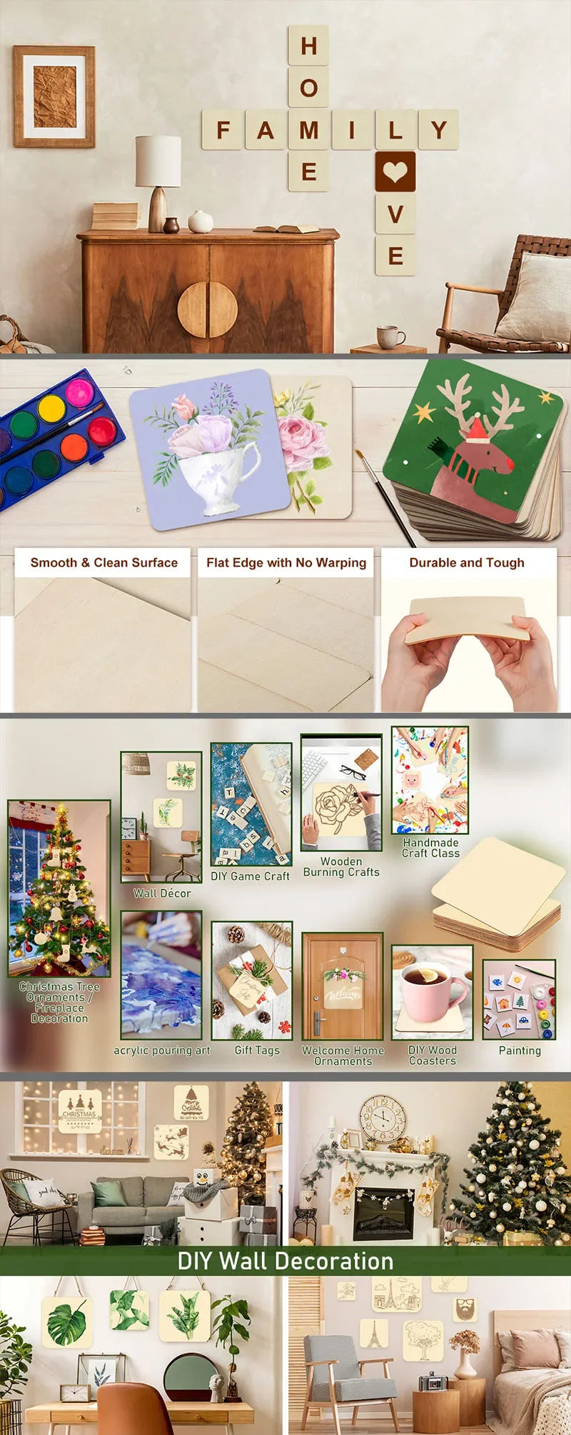 A collection of blank wood squares used for DIY crafts and engraving, displayed alongside various craft materials.