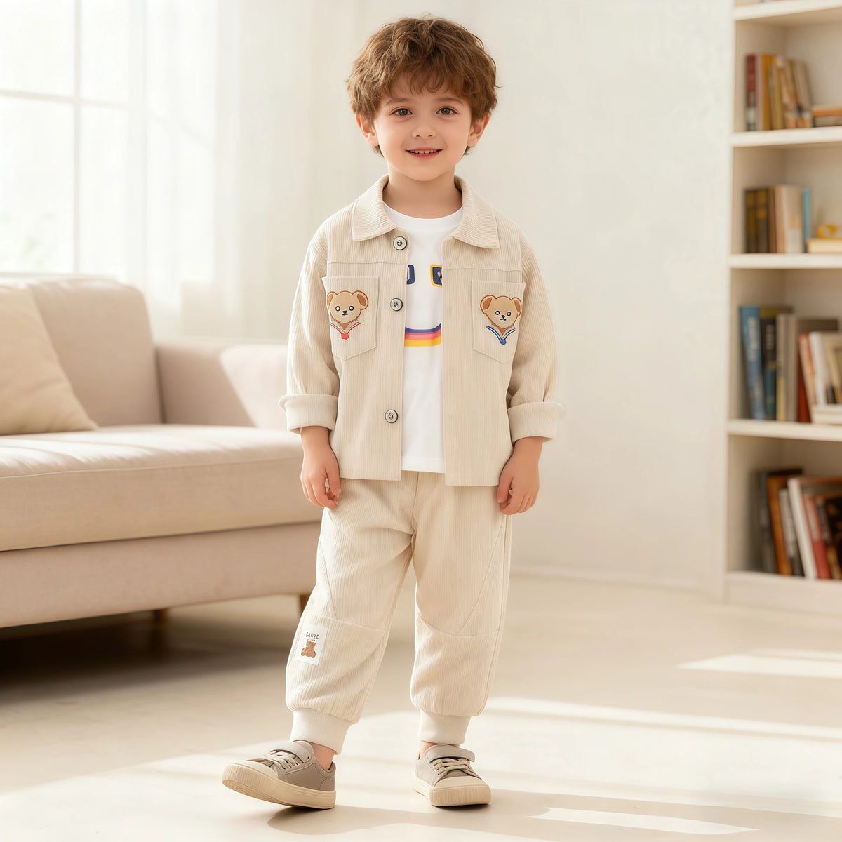 A young boy wearing a beige corduroy tracksuit set with bear graphics, standing indoors.