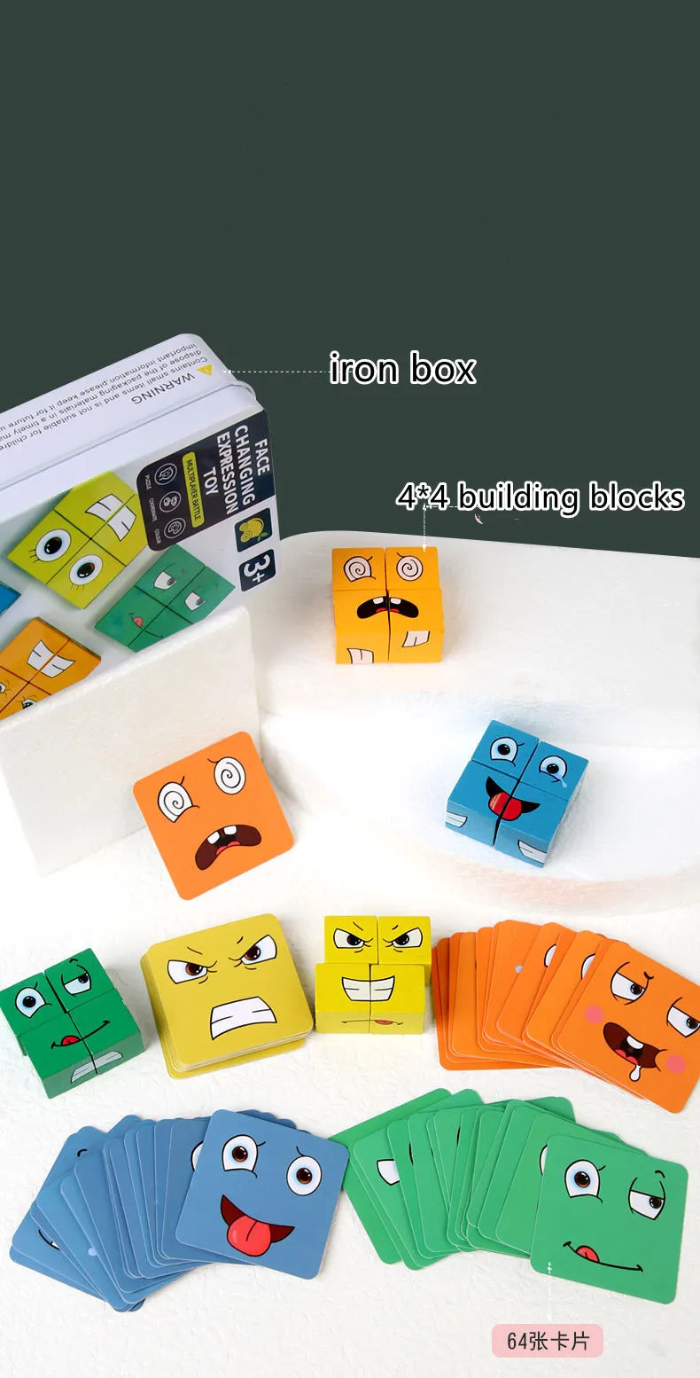 A set of 4 building blocks shaped like faces for a puzzle game, including various colors and expressions.