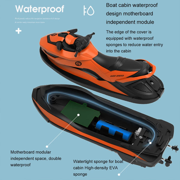 Orange high-speed RC jet ski boat with waterproof features and a removable module.