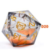 A translucent resin D20 die with a bear emblem and gold markings, shown at an angle.