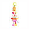 A plush rabbit hanging rattle toy with a yellow ring and orange body.