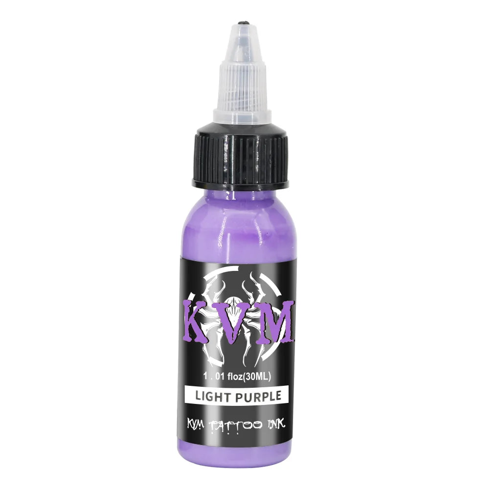 A purple bottle of KVM tattoo ink for permanent makeup and body art