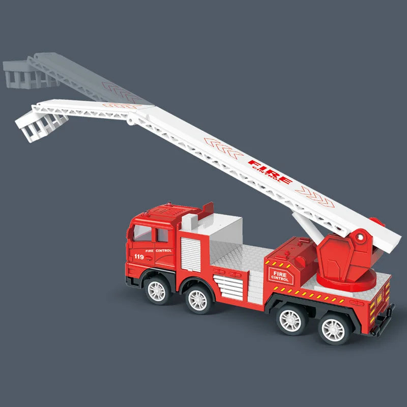 A red and white pull-back fire truck toy with a movable ladder for children.