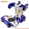 A transformable robot sports car toy in blue and white, featuring a police vehicle form and a robot form.