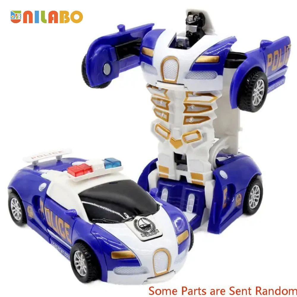 A transformable robot sports car toy in blue and white, featuring a police vehicle form and a robot form.