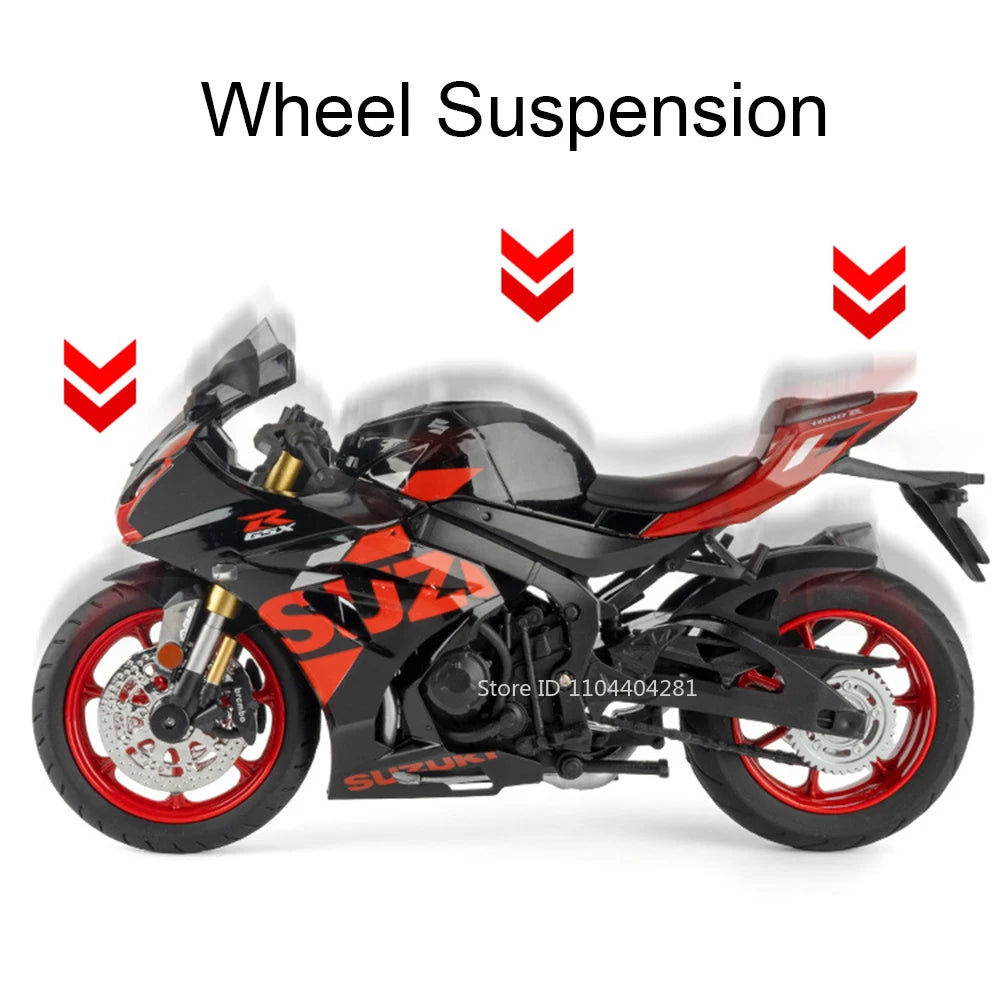 A black and red 1:12 scale diecast motorcycle model showcasing its wheel suspension system.