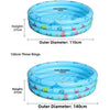 Blue inflatable three rings pool with cartoon designs, showing dimensions for 120cm and 150cm models.