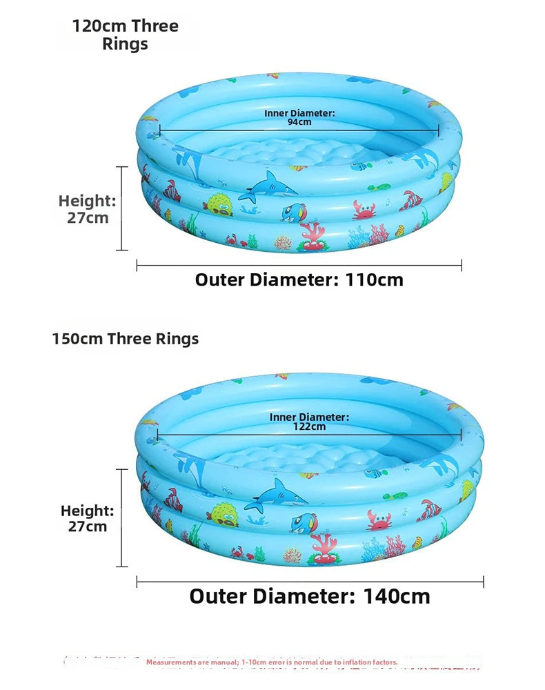 Blue inflatable three rings pool with cartoon designs, showing dimensions for 120cm and 150cm models.