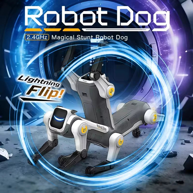 A gray and white robot dog toy is shown performing a stunt with blue energy effects against a dark background.