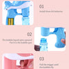 Three steps showing how to easily assemble and use the Whale Bubble Gun for blowing bubbles.