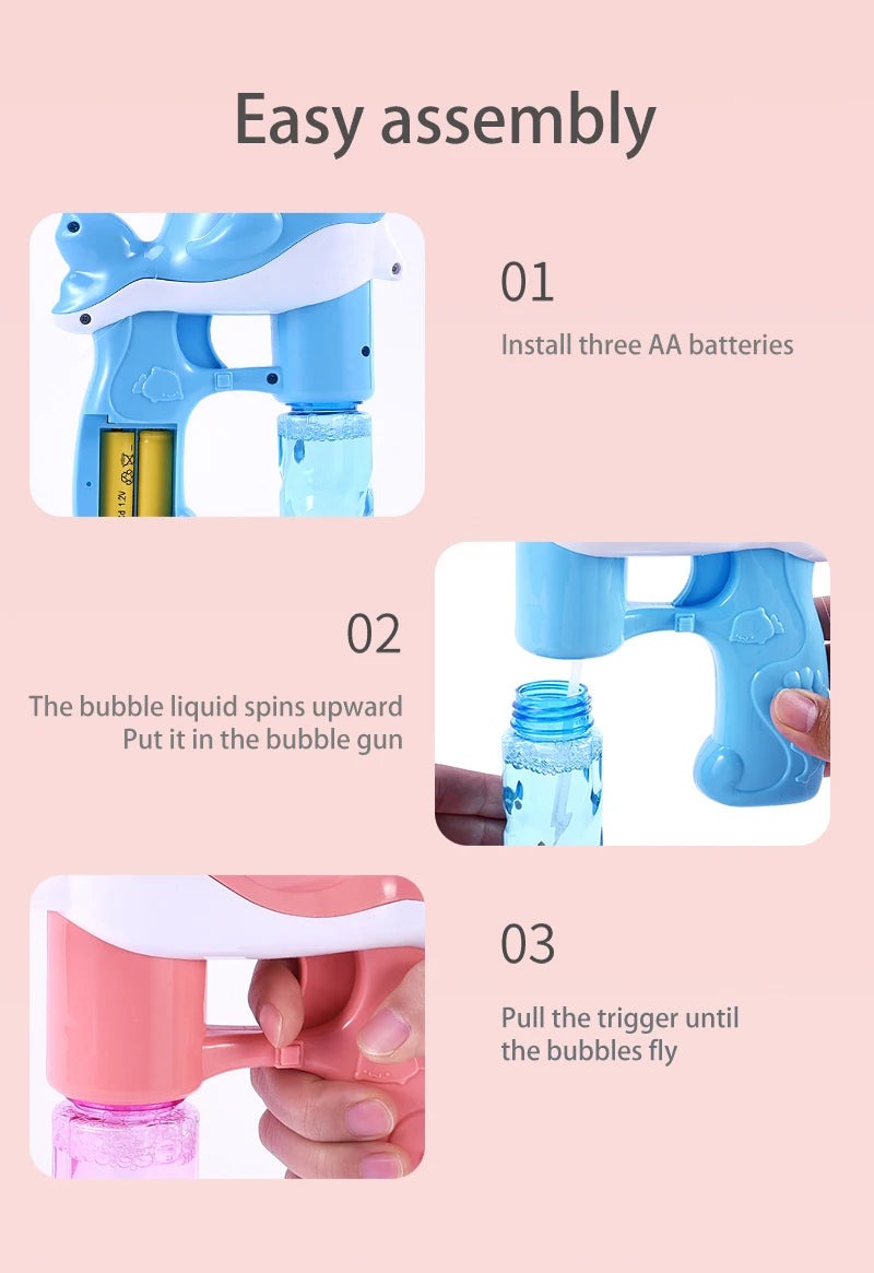 Three steps showing how to easily assemble and use the Whale Bubble Gun for blowing bubbles.